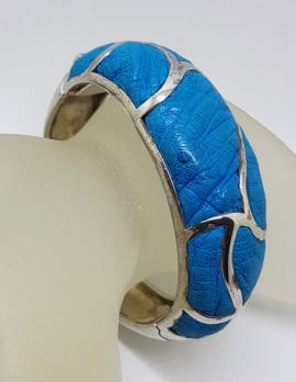 Sterling Silver Heavy Ostrich Leather Blue Oval Hinged Bangle with Wave Motif - Unique