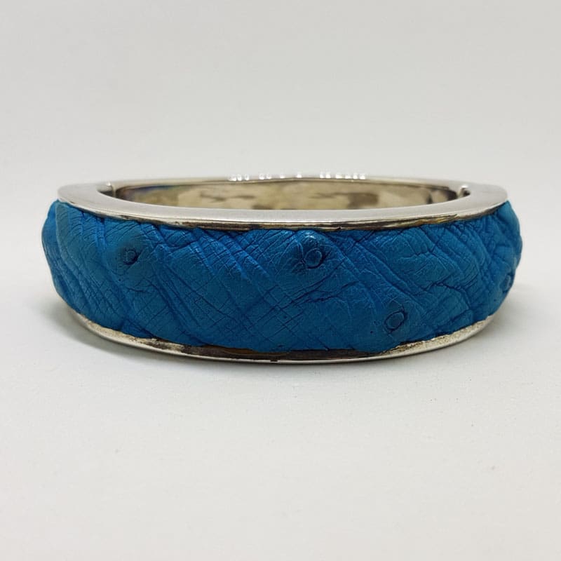 Sterling Silver Heavy Ostrich Leather Blue Oval Hinged Bangle - Unique