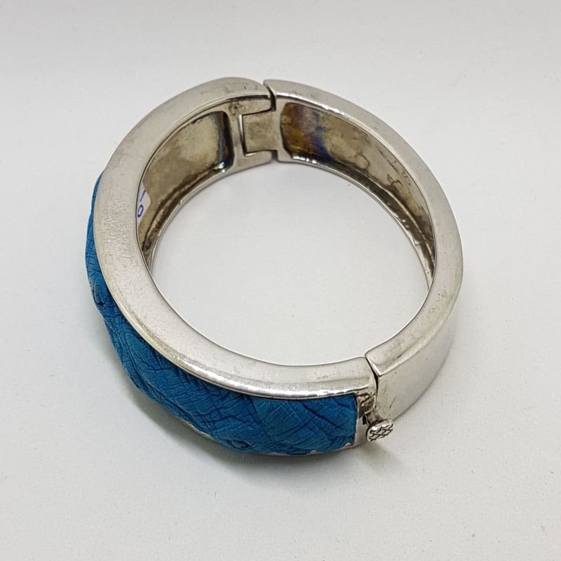 Sterling Silver Heavy Ostrich Leather Blue Oval Hinged Bangle - Unique