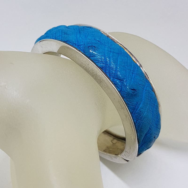 Sterling Silver Heavy Ostrich Leather Blue Oval Hinged Bangle - Unique