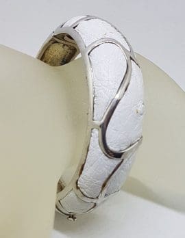 Sterling Silver Heavy Ostrich Leather White Oval Hinged Bangle with Wave Motif - Unique
