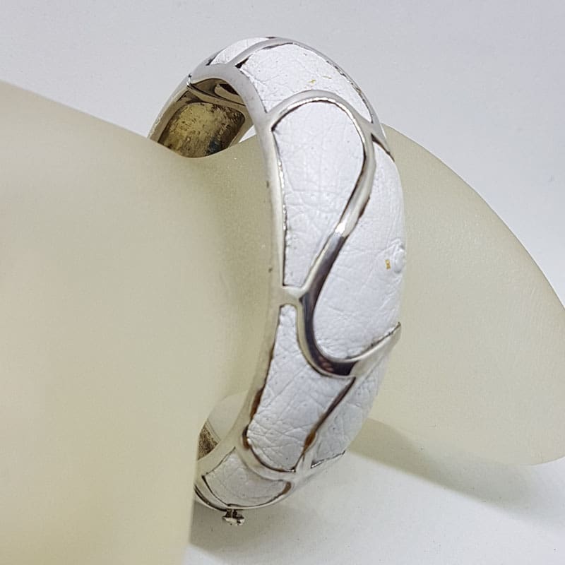 Sterling Silver Heavy Ostrich Leather White Oval Hinged Bangle with Wave Motif - Unique Sterling Silver Heavy Ostrich Leather White Oval Hinged Bangle with Wave Motif - Unique