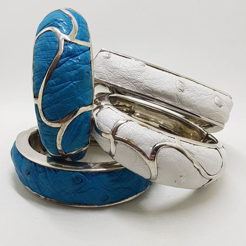 Sterling Silver Heavy Ostrich Leather White Oval Hinged Bangle with Wave Motif - Unique Sterling Silver Heavy Ostrich Leather White Oval Hinged Bangle with Wave Motif - Unique