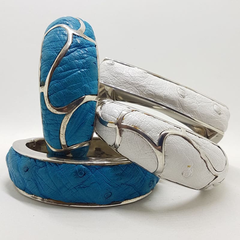 Sterling Silver Heavy Ostrich Leather Blue Oval Hinged Bangle with Wave Motif - Unique