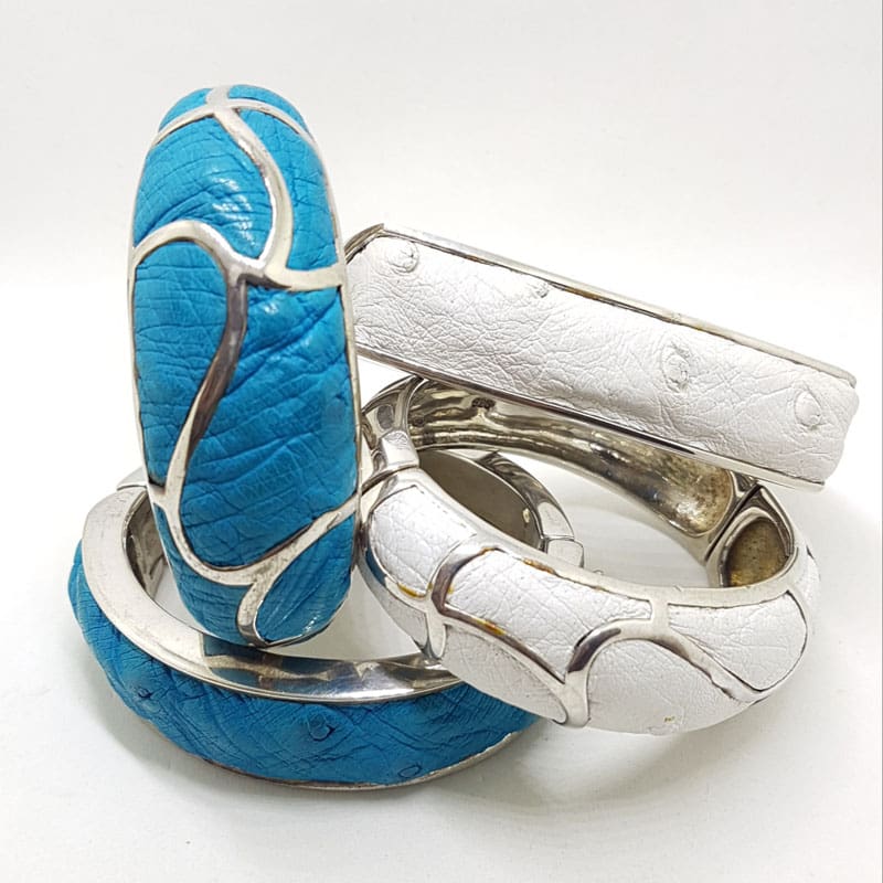 Sterling Silver Heavy Ostrich Leather White Rectangular Hinged Bangle - Unique Sterling Silver Heavy Ostrich Leather White Rectangular Hinged Bangle - Unique