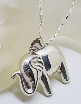 Sterling Silver Elephant Large Pendant with Trunk Up on Silver Chain