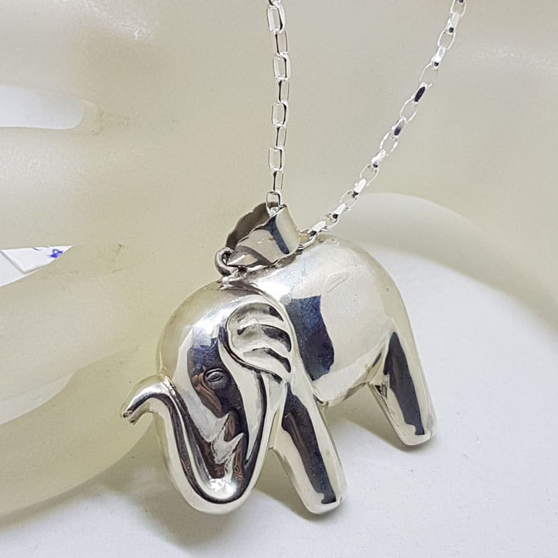 Sterling Silver Elephant Large Pendant with Trunk Up on Silver Chain Sterling Silver Elephant Large Pendant with Trunk Up on Silver Chain