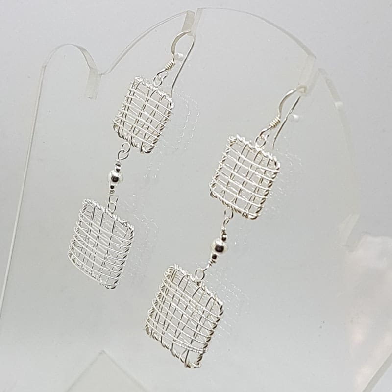 Sterling Silver Ornate Filigree Long Lattice Two Squares Drop Earrings Sterling Silver Ornate Filigree Long Lattice Two Squares Drop Earrings