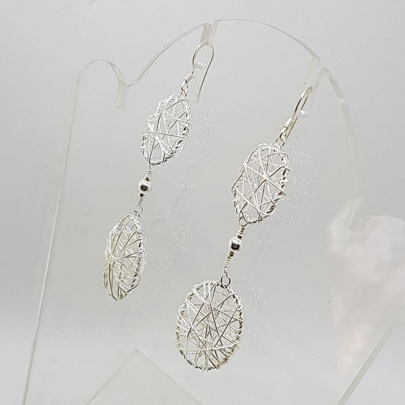 Sterling Silver Ornate Filigree Long Lattice Two Ovals Drop Earrings
