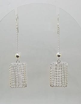 Sterling Silver Ornate Filigree Long Lattice Rectangular Drop Earrings
