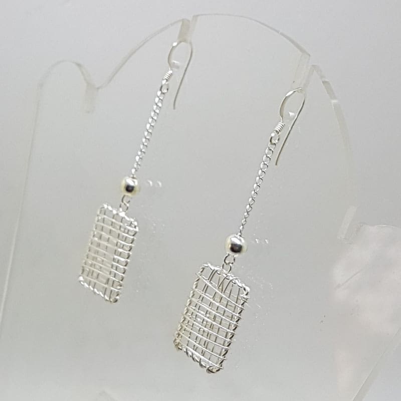 Sterling Silver Ornate Filigree Long Lattice Rectangular Drop Earrings