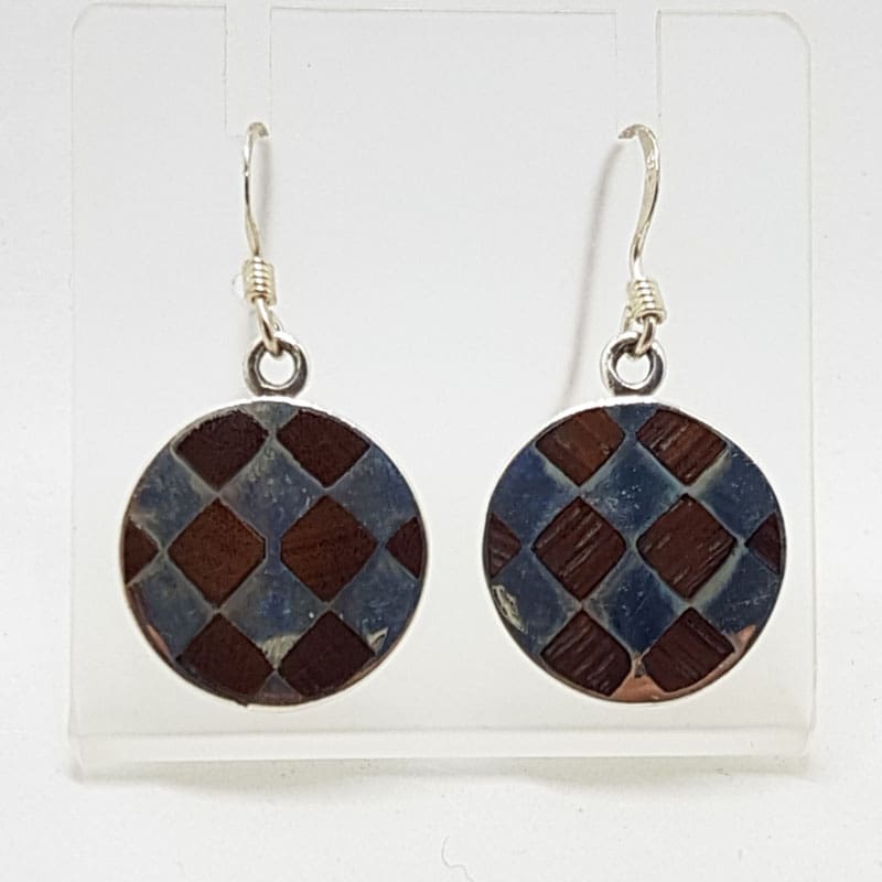 Sterling Silver Wood / Timber Drop Earrings - Round Checkerboard