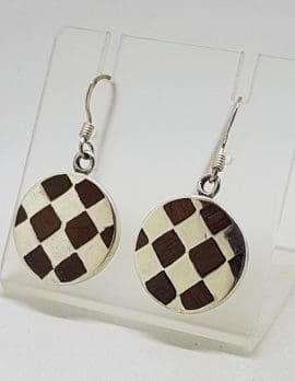 Sterling Silver Wood / Timber Drop Earrings - Round Checkerboard