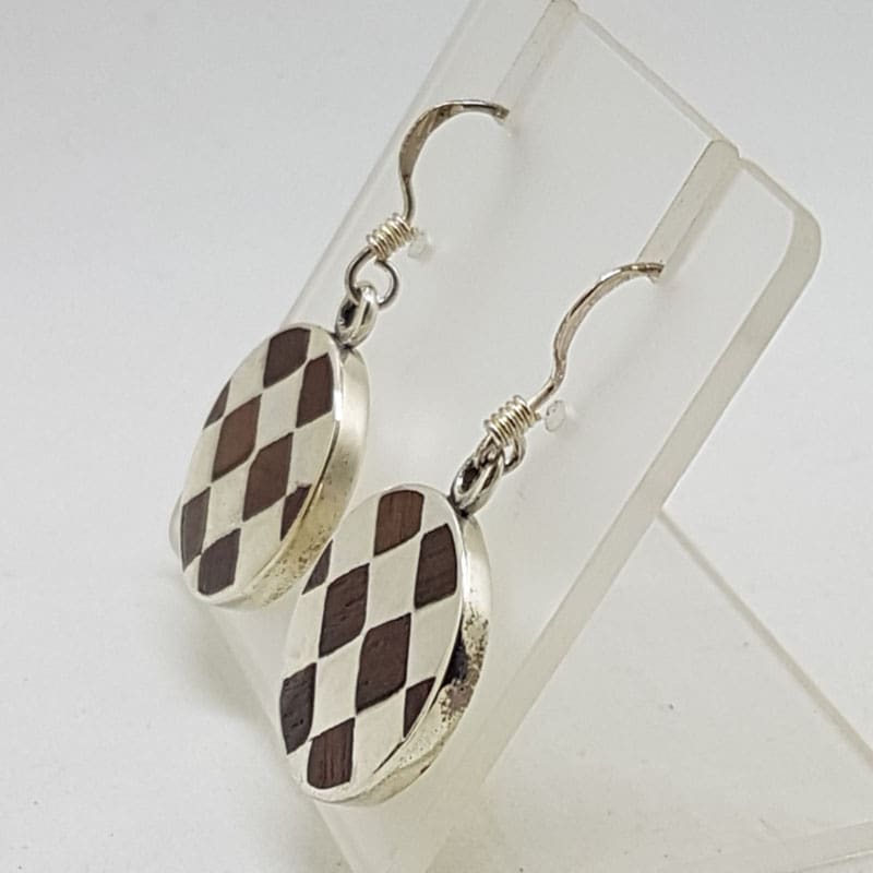 Sterling Silver Wood / Timber Drop Earrings - Round Checkerboard
