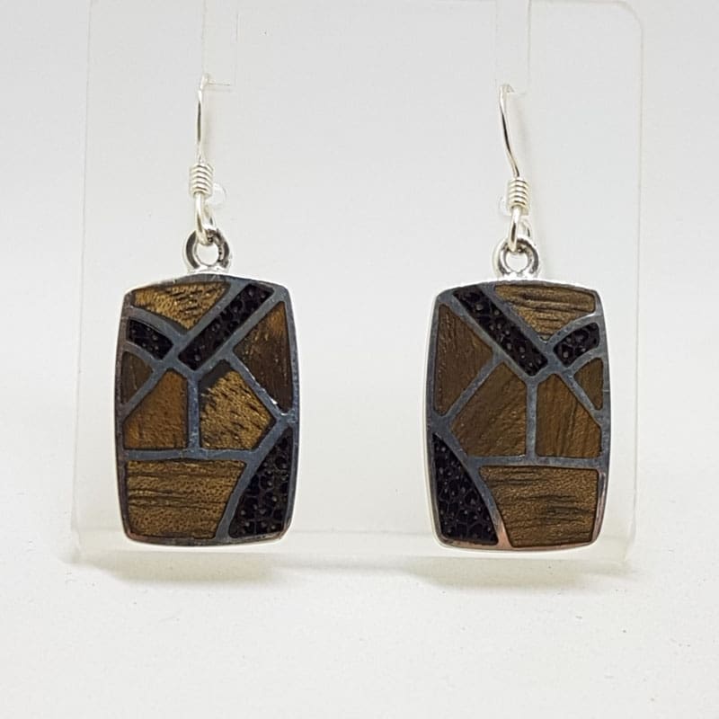 Sterling Silver Wood / Timber Drop Earrings - Rectangular Shape - Available in different wood colours