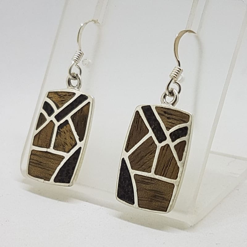 Sterling Silver Wood / Timber Drop Earrings - Rectangular Shape - Available in different wood colours
