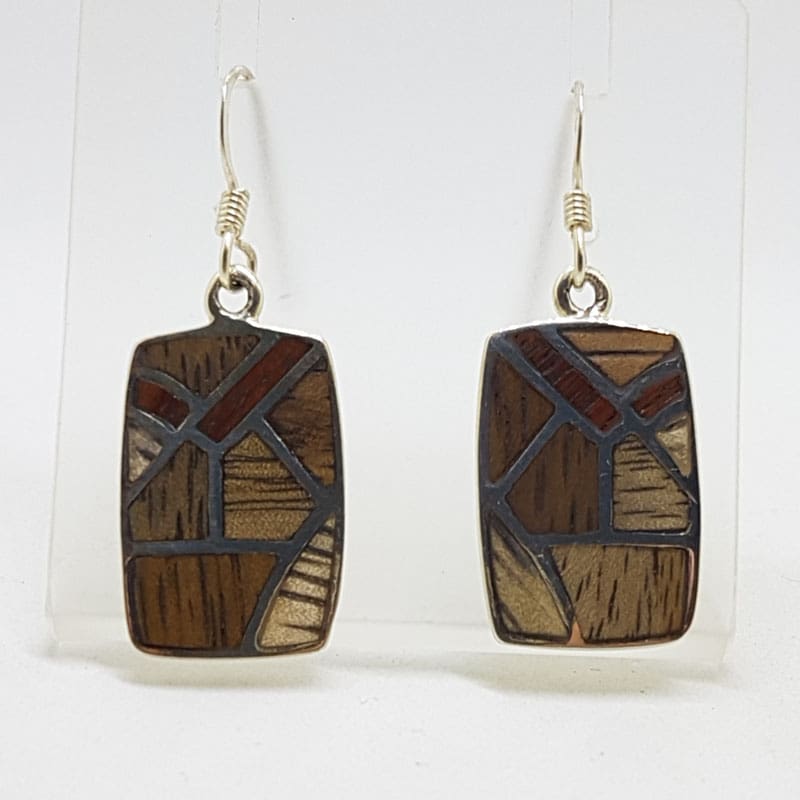 Sterling Silver Wood / Timber Drop Earrings - Rectangular Shape - Available in different wood colours
