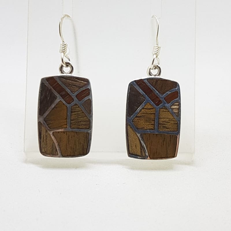 Sterling Silver Wood / Timber Drop Earrings - Rectangular Shape - Available in different wood colours