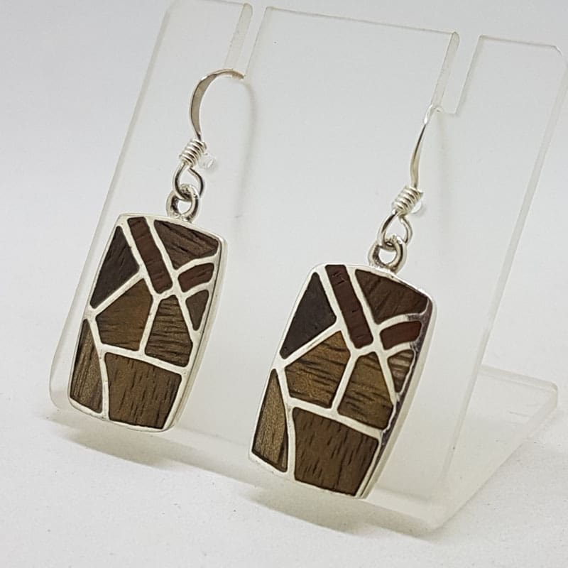 Sterling Silver Wood / Timber Drop Earrings - Rectangular Shape - Available in different wood colours