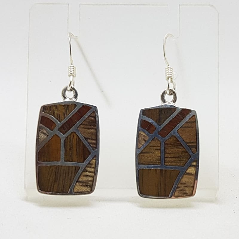 Sterling Silver Wood / Timber Drop Earrings - Rectangular Shape - Available in different wood colours