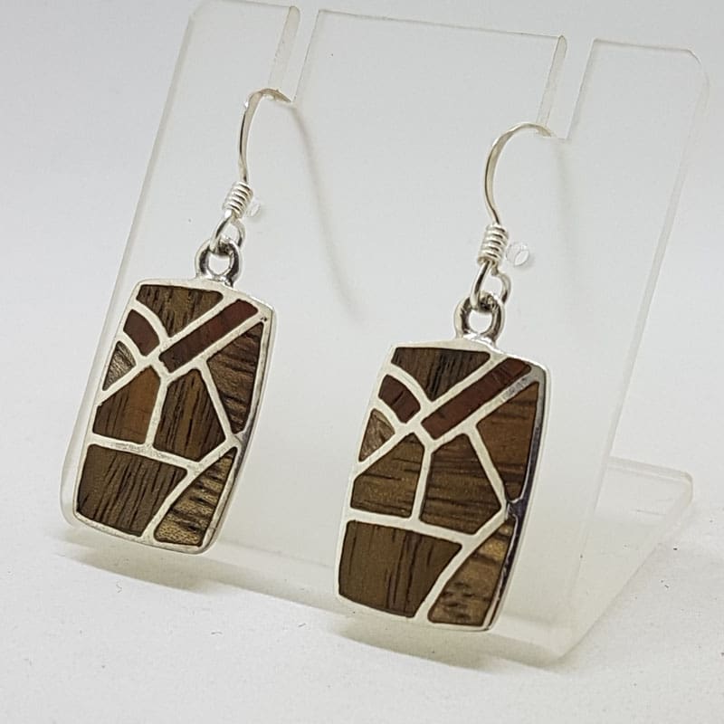Sterling Silver Wood / Timber Drop Earrings - Rectangular Shape - Available in different wood colours