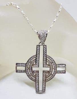 Sterling Silver Very Large Cubic Zirconia Cross / Crucifix Pendant on Silver Chain - Celtic