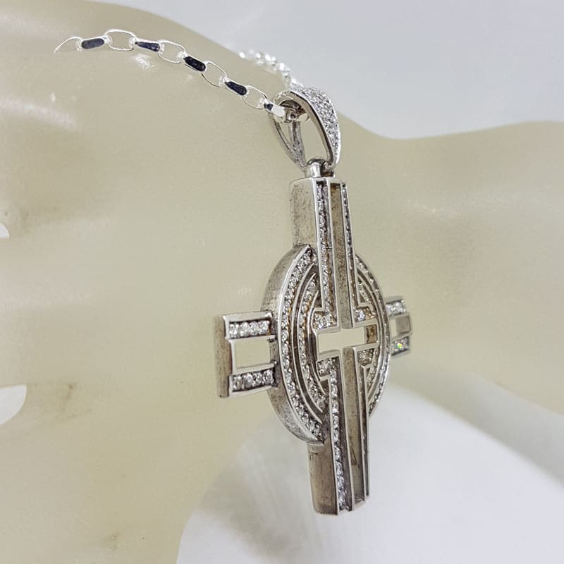 Sterling Silver Very Large Cubic Zirconia Cross / Crucifix Pendant on Silver Chain - Celtic