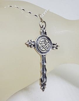 Sterling Silver Celtic Knots Large Cross with Pentagram Pendant on Silver Chain