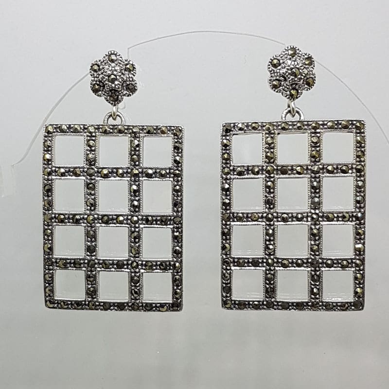 Sterling Silver Marcasite Large Rectangular Lattice Design Drop Earrings Sterling Silver Marcasite Large Rectangular Lattice Design Drop Earrings