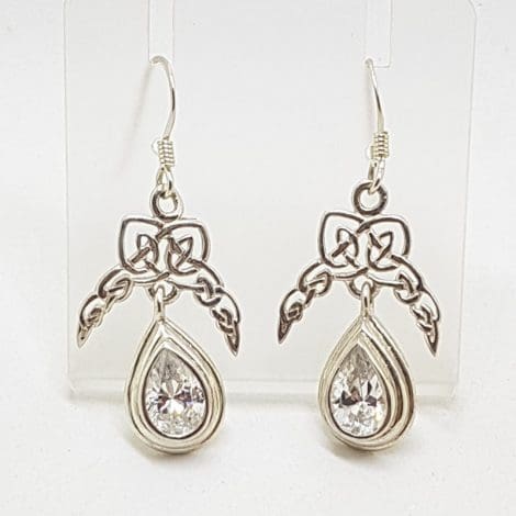 Sterling Silver Celtic Knot Design Clear Crystal Quartz Drop Earrings