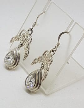 Sterling Silver Celtic Knot Design Clear Crystal Quartz Drop Earrings