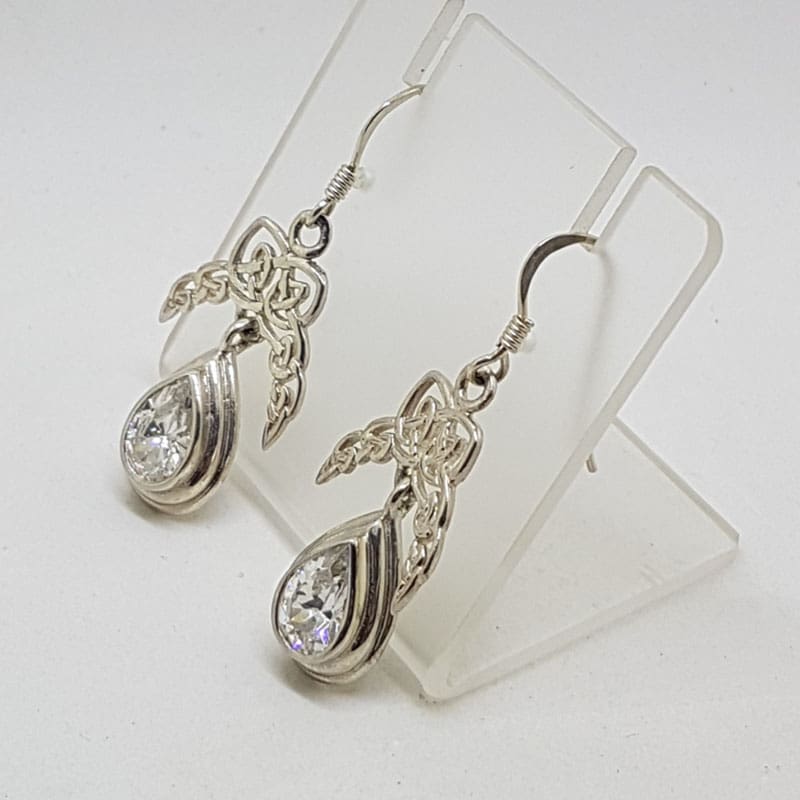 Sterling Silver Celtic Knot Design Clear Crystal Quartz Drop Earrings
