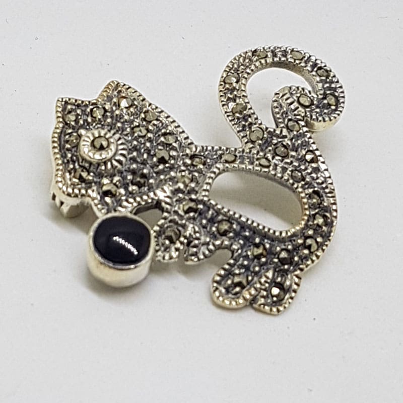 Sterling Silver Marcasite Onyx Squirrel Brooch - Cat