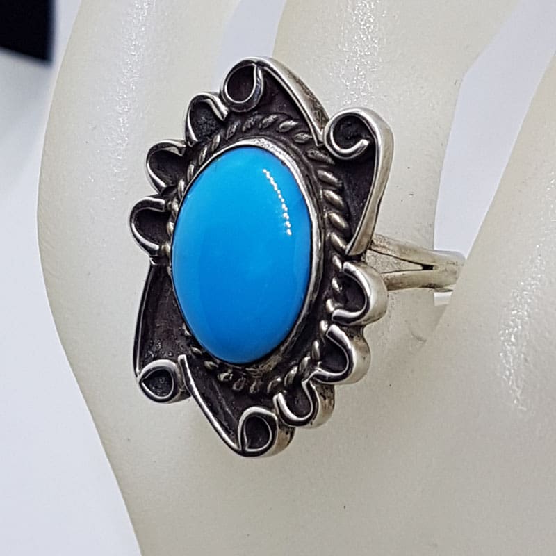 Sterling Silver Oval Turquoise Ornate Design Ring