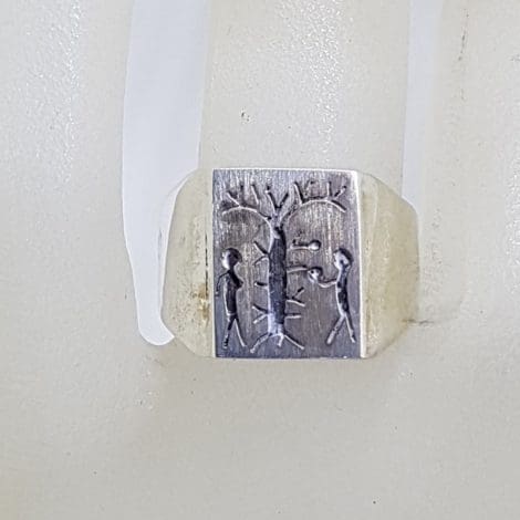 Sterling Silver Unique Adam and Eve Motif Rectangular Signet Ring - Gents Ring / Ladies Ring