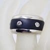 Sterling Silver Wide Band Ring with Black Neoprene and Cubic Zirconia - Gents Ring / Ladies Ring