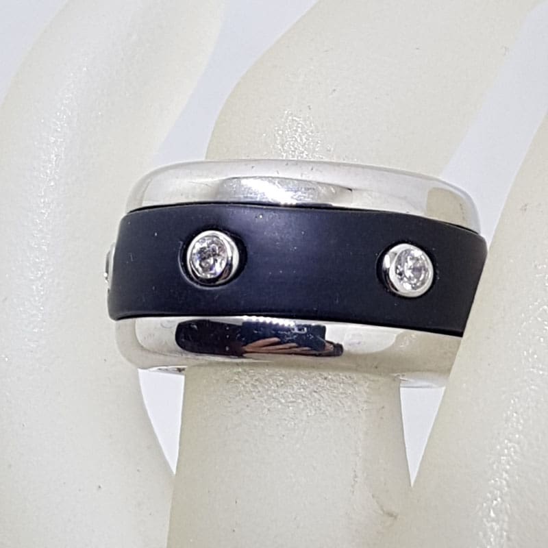 Sterling Silver Wide Band Ring with Black Neoprene and Cubic Zirconia - Gents Ring / Ladies Ring