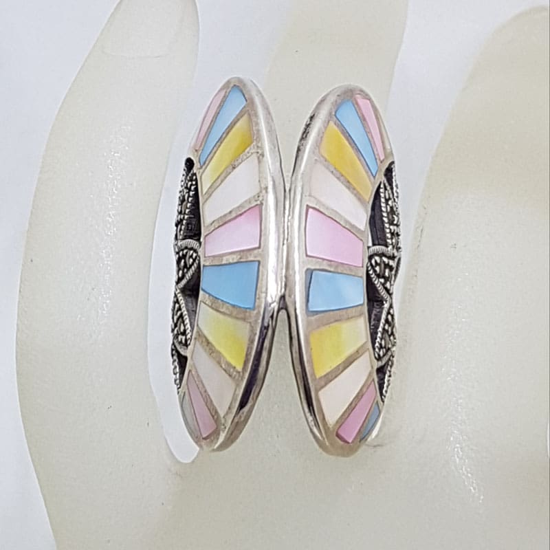 Sterling Silver Marcasite and Multi-Colour Mother of Pearl Large Fan Shaped Ring Sterling Silver Marcasite and Multi-Colour Mother of Pearl Large Fan Shaped Ring