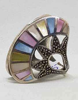 Sterling Silver Marcasite and Multi-Colour Mother of Pearl Large Fan Shaped Ring