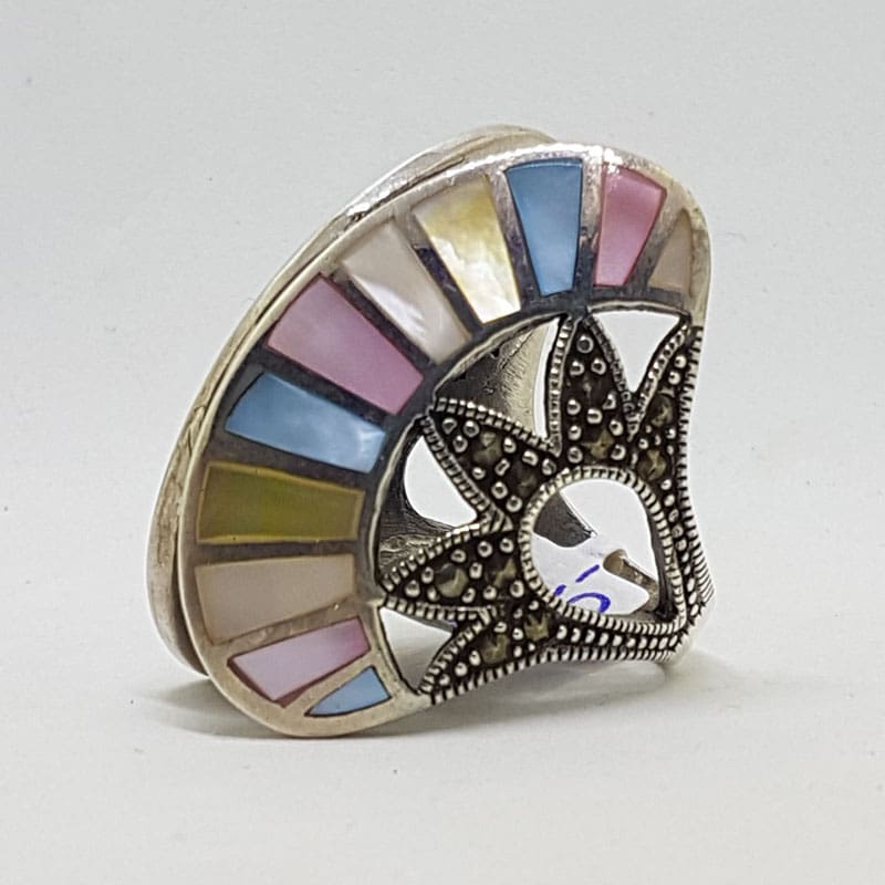 Sterling Silver Marcasite and MultiColour Mother of Pearl Unusual Large Fan Shaped Ring Alexa
