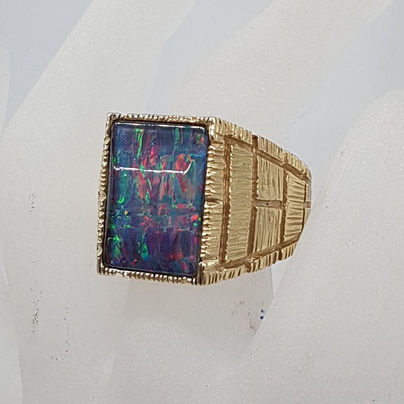 9ct Yellow Gold Very Large Rectangular Opal Triplet Gents Ring / Ladies Ring - Antique / Vintage 9ct Yellow Gold Very Large Rectangular Opal Triplet Gents Ring / Ladies Ring - Antique / Vintage