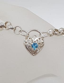 Sterling Silver Blue Filigree Heart Padlock Ornate Belcher Link Necklace