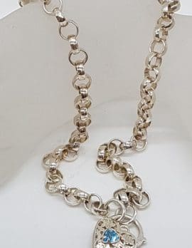 Sterling Silver Blue Filigree Heart Padlock Ornate Belcher Link Necklace