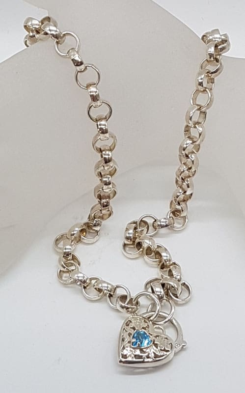 Sterling Silver Blue Filigree Heart Padlock Ornate Belcher Link Necklace