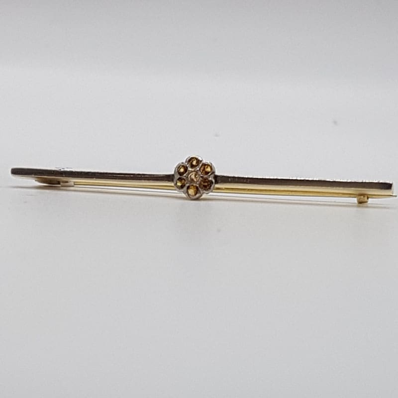 9ct White Gold Citrine Daisy Flower on Bar Brooch - Antique / Vintage