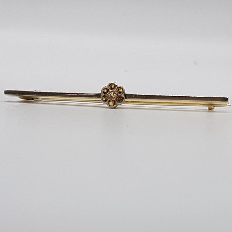9ct White Gold Citrine Daisy Flower on Bar Brooch - Antique / Vintage