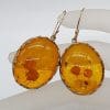 9ct Yellow Gold Large Oval Carved Cameo Floral Natural Amber Drop Earrings