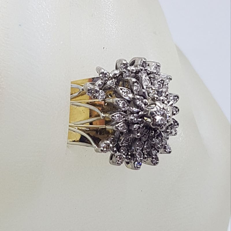 18ct Yellow Gold Large Diamond Cluster Three Piece Set of Rings in Daisy Flower Cluster Shape - Engagement Ring / Wedding Ring / Eternity Ring - Antique / Vintage