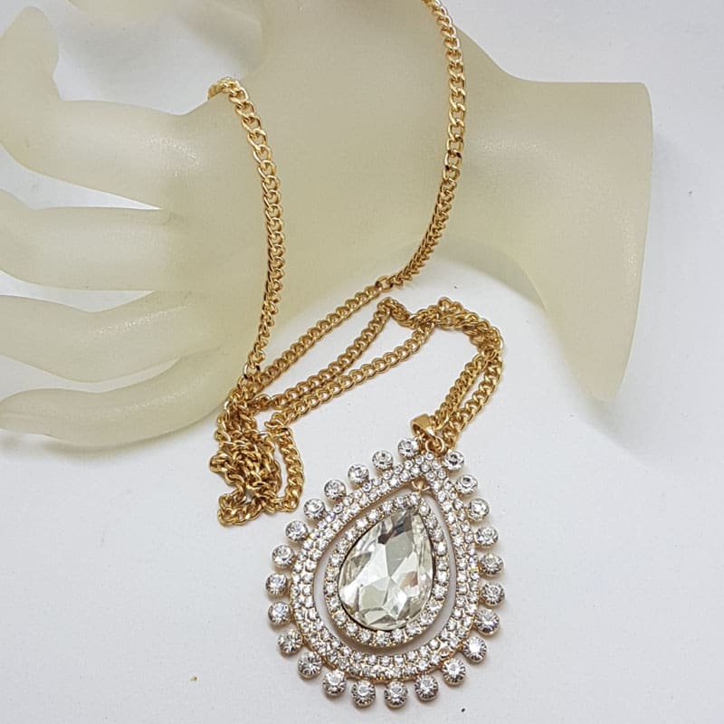 Plated Very Large Teardrop Shape Pendant on Chain - Vintage Costume Jewellery Plated Very Large Teardrop Shape Pendant on Chain - Vintage Costume Jewellery