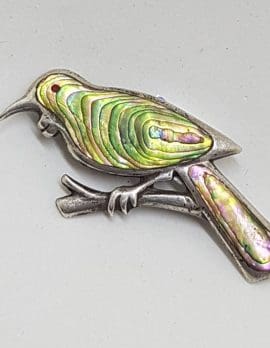 Sterling Silver New Zealand Paua Shell Bird on Branch Brooch - Vintage